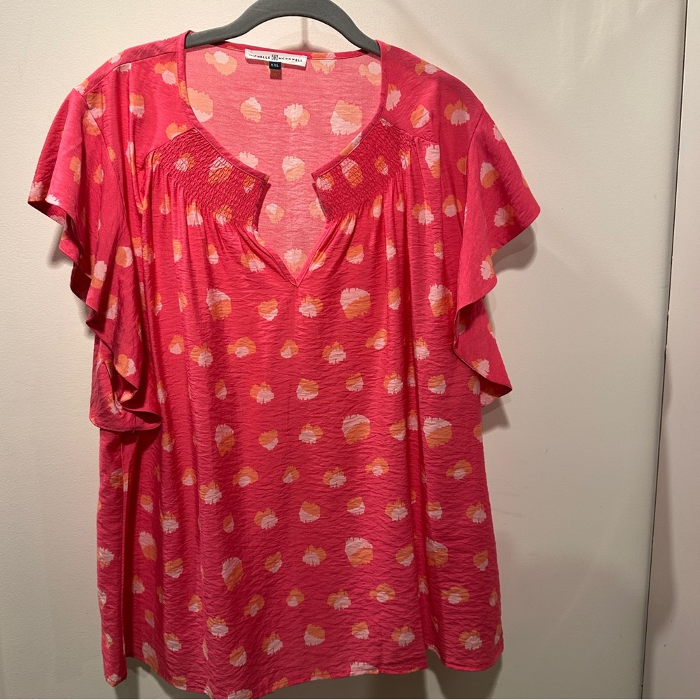 Flutter-Sleeve Blouse in Coral Pink/Orange by Michelle McDowell XXL